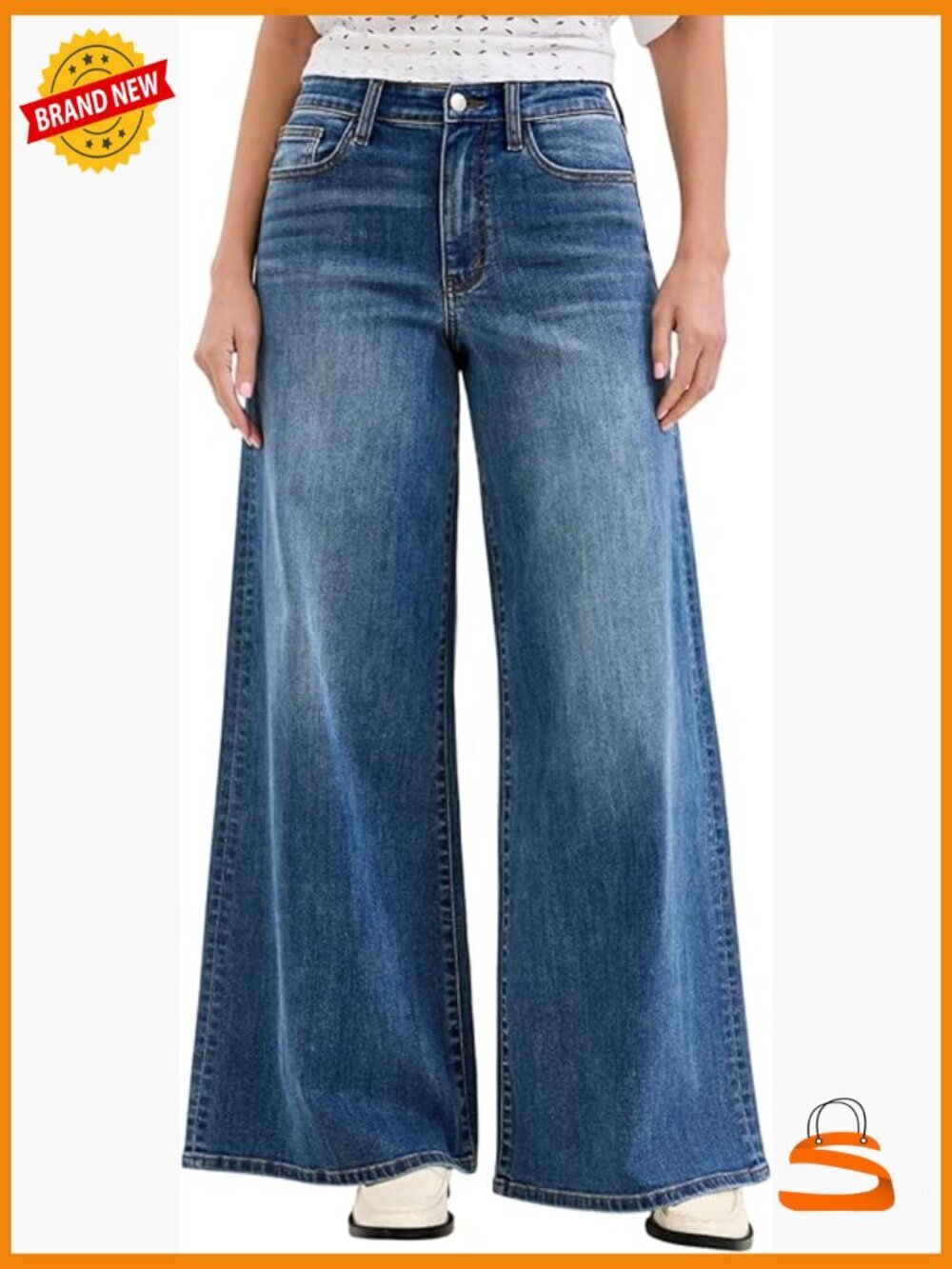 High Waisted Palazzo Jeans Wide Leg Stretch Cotton Blend